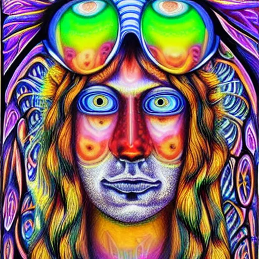Prompt: psychedelic drawing of a very symmetrical portrait a face with a angel halo!!!, the face has compound eyes human eyes!!, style of oil painting by chris dyer, double vision