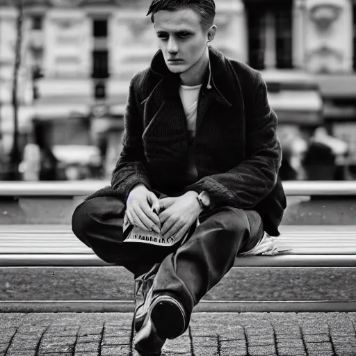 Image similar to black and white fashion photograph, highly detailed portrait of a depressed white drug dealer sitting on a bench on a busy Paris street, looking into camera, eye contact, natural light, rain, mist, lomo, fashion photography, film grain, soft vignette, sigma 85mm f/1.4 1/10 sec shutter