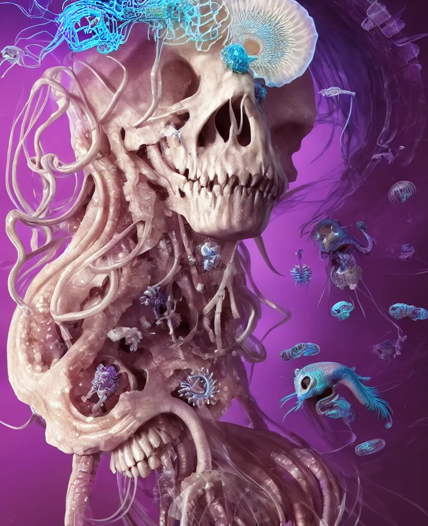 Image similar to goddess close-up portrait ram skull, thorax, x-ray, backbone, jellyfish phoenix head, nautilus, orchid, skull, betta fish, bioluminiscent creatures, intricate artwork by Tooth Wu and wlop and beeple. octane render, trending on artstation, greg rutkowski very coherent symmetrical artwork. cinematic, hyper realism, high detail, octane render, 8k