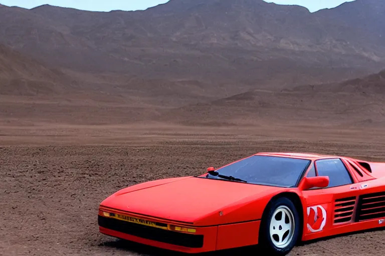 Image similar to designed by giorgetto giugiaro a single 1 9 8 8 race testarossa, dakar rally footage, speed