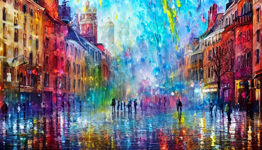 Prompt: town, painting on canvas, watedrops, water droplets, acrylic painting, acrylic pouring, painting, influencer, artstation - h 8 0 0