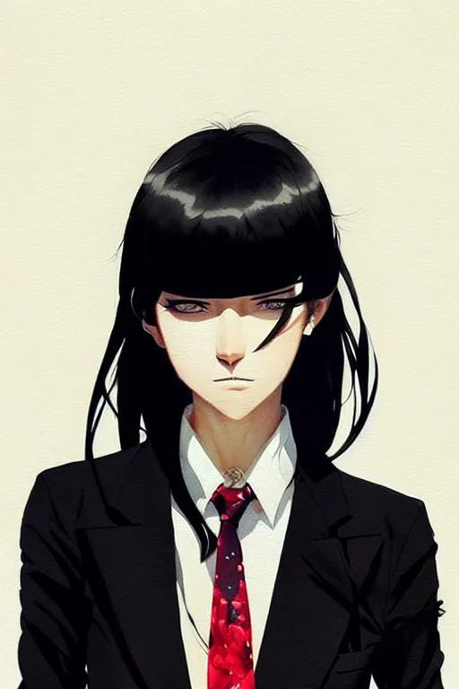 Image similar to a ultradetailed beautiful panting of a stylish woman wearing a shirt with a tie, she has black hair, by conrad roset, greg rutkowski and makoto shinkai, trending on artstation