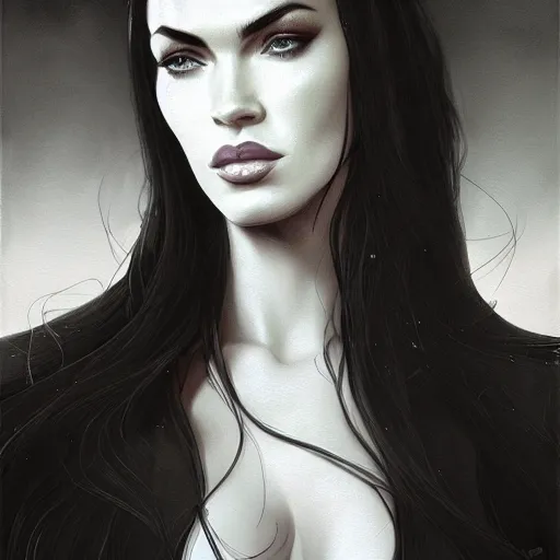 Image similar to portrait of megan fox in black business suit, fantasy, intricate, elegant, highly detailed, digital painting, artstation, concept art, matte, sharp focus, perfect face symmetry, illustration, art by aenaluck and roberto ferri and greg rutkowski, epic fantasy, digital painting