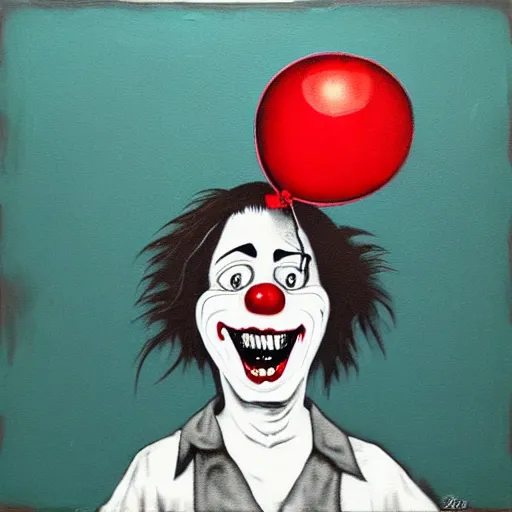 Prompt: grunge painting of david dobrik with a wide smile and a red balloon by chris leib, loony toons style, pennywise style, corpse bride style, horror theme, detailed, elegant, intricate
