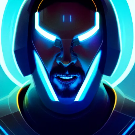 Image similar to tron legacy jesus, face closeup, laughing, diffuse lighting, hyper realistic, concept art, intricate, hyper detailed, smooth, sharp focus, illustration, trending on artstation, art by greg rutkowski and james gurney and alphonse mucha