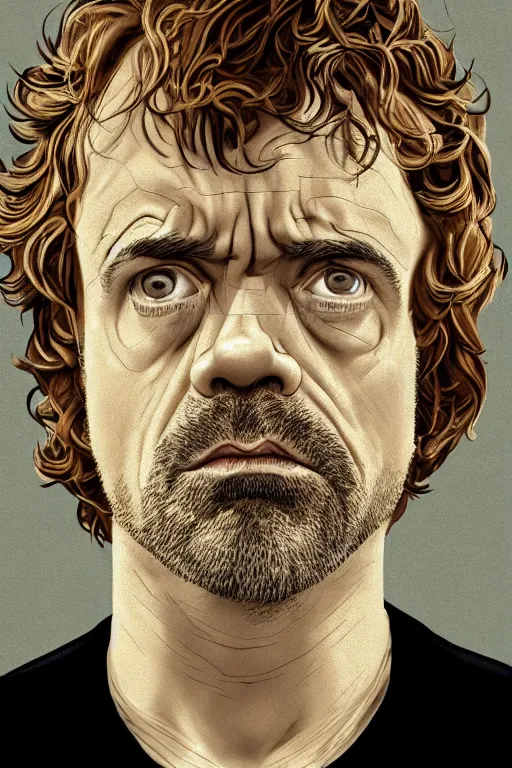 Image similar to cinematic portrait of Tyrion Lannister. Centered, uncut, unzoom, symmetry. character illustration. Surreal render, ultra realistic, zenith view. Polished. Inspired by patricio clarey, heidi taillefer scifi painter glenn brown. Extremely ornated. artstation, cgsociety, unreal engine, ray tracing, detailed illustration, hd, 4k, digital art, overdetailed art. Dslr, tiltshift, dof. 64megapixel. complementing colors. Trending on artstation, deviantart,
