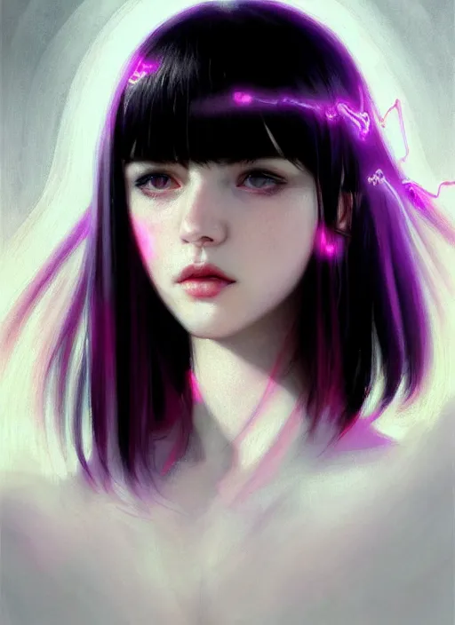 Image similar to portrait of teenage girl, red irises, red eyes, black hair, white bangs, purple clothes, white bangs, bangs, black hair and white bangs, intricate, elegant, glowing lights, highly detailed, digital painting, artstation, concept art, smooth, sharp focus, illustration, art by wlop, mars ravelo and greg rutkowski