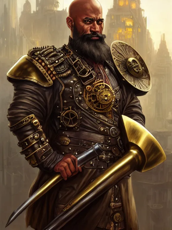 Prompt: steampunk warrior, giant hammer, portrait, brass metal armor, buff, black skin, brown eyes, bald, badass beard, urban city at background, high fantasy, tech, digital painting, highly detailed, smooth, sharp contrast, by artgerm and greg rutkowski and alphonse mucha, artstation