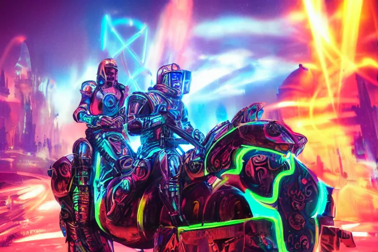 Image similar to knights of Cydonia in futuristic armor ride in neon light, medieval city on the background. graffiti. digital art. trending on artstation, winning-award. 8k. high stylized.