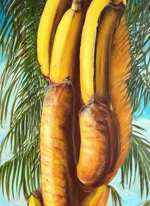 Image similar to bananas look like baguettes on a palm tree, intricately detailed acrylic painting