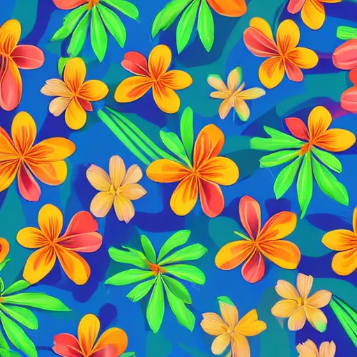 Image similar to Vector illustration of tropical flowers with multiple cohesive colors ranging from warms blues to bright oranges on a dark background, 4K resolution, digital art