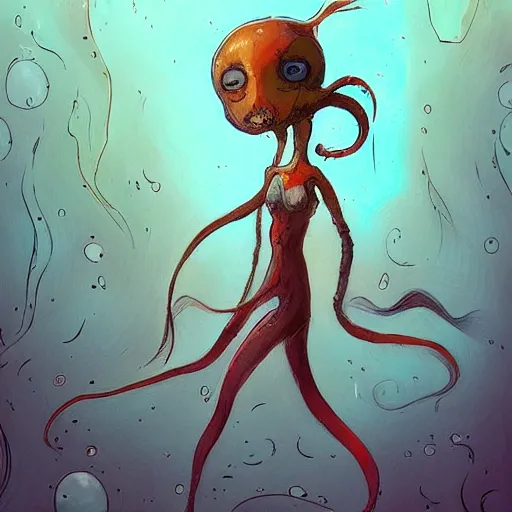 Prompt: a water wierd color girl squid, mixed human, by tony sandoval