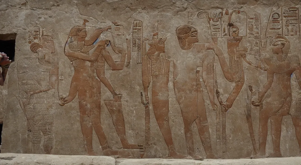 Prompt: mario as egyptian animal gods looking for wifi, ancient egyptian murals.