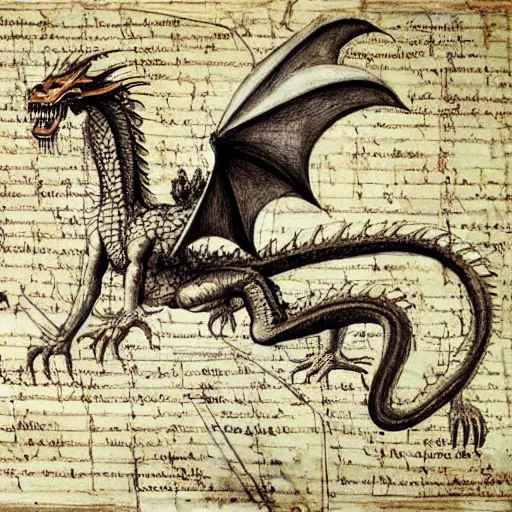 Image similar to extremely detailed anatomy sketch of a dragon with annotations by leonardo da vinci, aged parchment, scientific, technical, blueprint