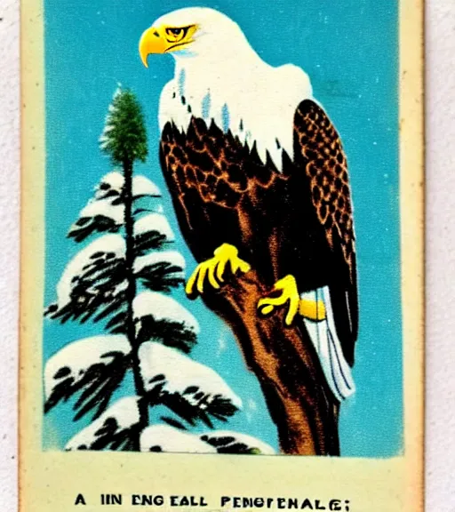 Prompt: damaged postcard of 'an eagle in the nest of a snowy pine tree' laying on table, long shot