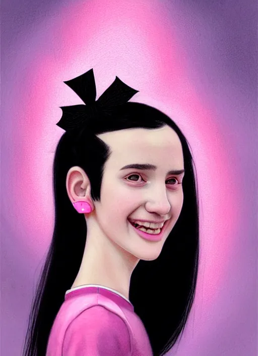 Image similar to portrait of teenage girl, realistic, black hair, bangs, half updo hairstyle, pointy nose, skinny, smile, ugly, defined jawline, big chin, pink hair bow, earrings, intricate, elegant, glowing lights, highly detailed, digital painting, artstation, sharp focus, illustration, art by wlop, mars ravelo and greg rutkowski