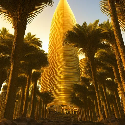 Image similar to photo of vertical golden tower, stacked ancient village, arid mountains and lush palm forest, photo realism, sharp focus, octane, golden hour