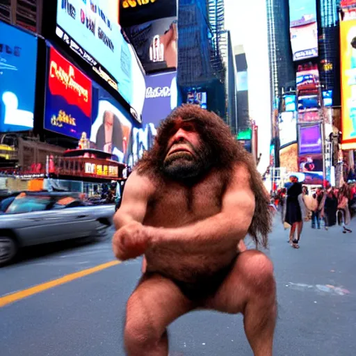 Prompt: a neanderthal caveman confused in times square