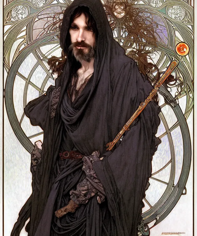 Prompt: realistic detailed face portrait of a beautiful rugged male wizard with black hair wearing a hooded cloak by alphonse mucha, ayami kojima, amano, greg hildebrandt, and mark brooks, male, masculine, art nouveau, neo - gothic, gothic, character concept design