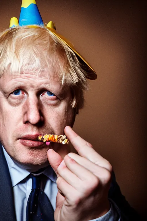 Prompt: boris johnson wearing a party hat and smoking a weed joint, photographed, portrait, photographic, hdr, 4 k