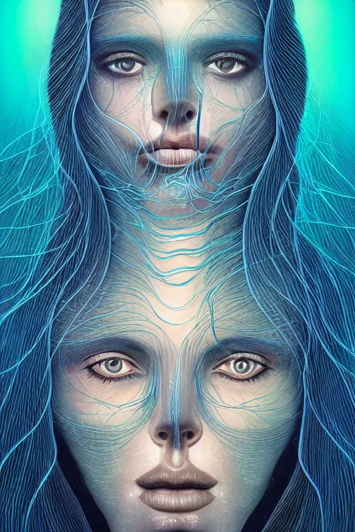 Prompt: dark underwater portrait of a Bioluminescent woman, with reaction diffusion semi-transparent skin. face closeup. long intricate dark hair, with jellyfish. very high detail, illustration, by alex grey and Ilya Kuvshinov