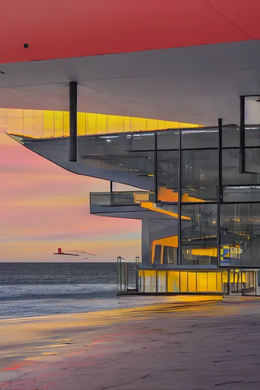 Prompt: buliding design by ricardo bofil, function is airport ， red and yellow and pink ， dusk seaside ， photography ， 8 k