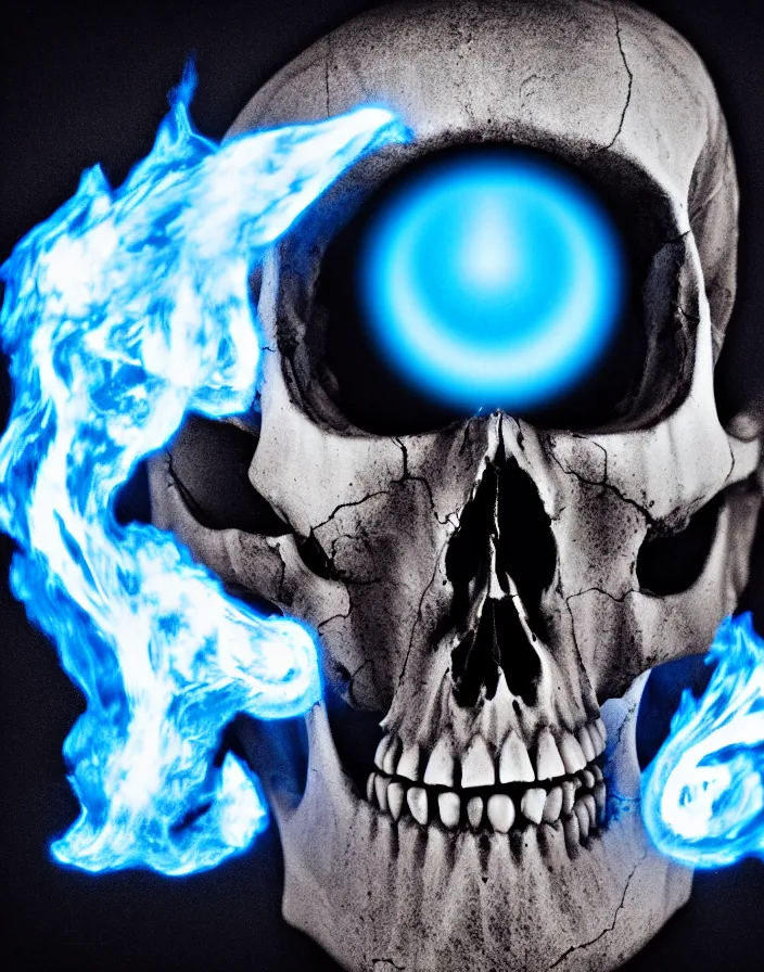 Image similar to photography of a skull with a blue flaming eye in the left orbit