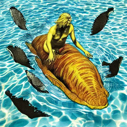 Image similar to nirvana nevermind album cover with a spinosaurus