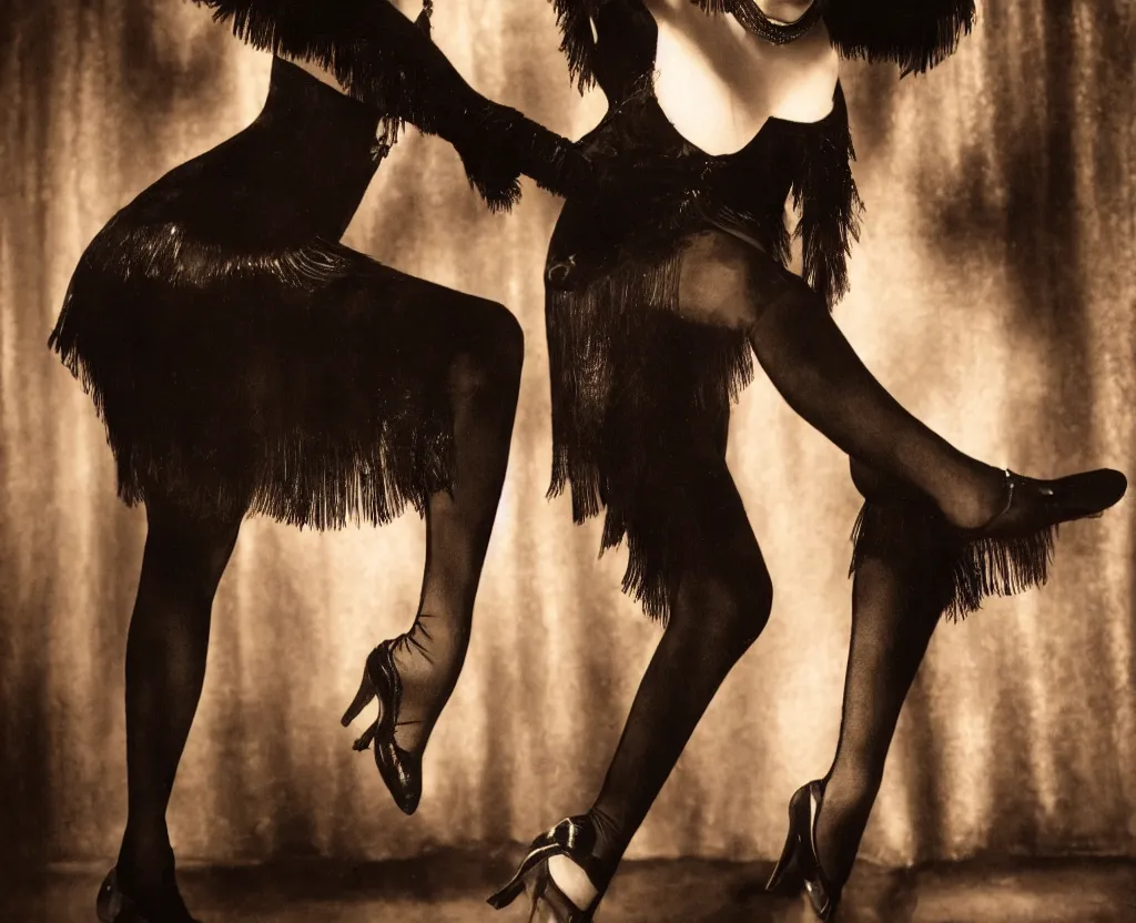 Prompt: realistic painting of a 1 9 2 0 s short - haired flapper woman in black satin gloves dancing in the center of a dancefloor in a dimly lit speakeasy, jazz age, precise, wide lens photography, closeup shot, cohesive, cinematic, low - lighting