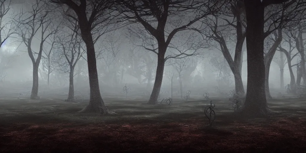 Image similar to foggy spooky play ground at night, dark, haunted by ghosts of children, 3d art, octane render, 6K award winning