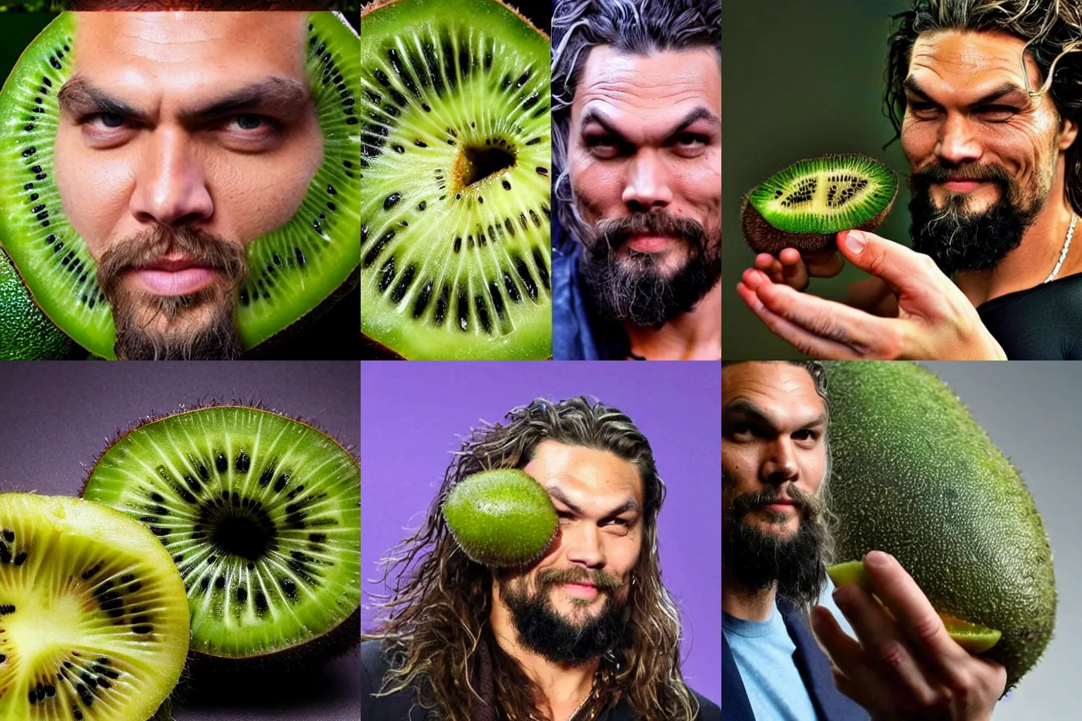 Prompt: jereme momoa's face poking out of the top of a kiwi fruit.