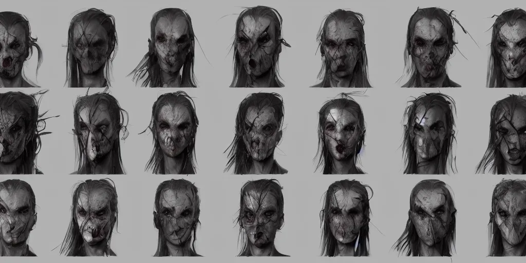 Image similar to gothic character face detail designs, Enki Bilal, Greg Rutkowski, character sheet, Darek Zabrocki, Karlkka, Jayison Devadas, Phuoc Quan, trending on Artstation, 8K, ultra wide angle, pincushion lens effect