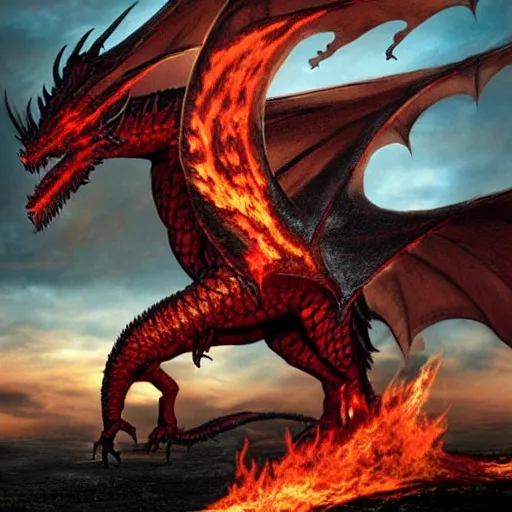 Image similar to fantasy hell dragon from lord of the rings with flames coming from its eyes