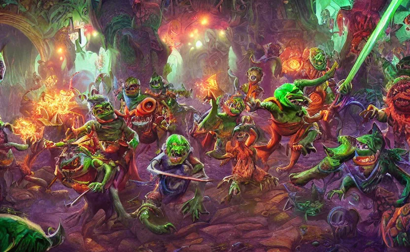 Image similar to goblins dancing in a colorful dungeon, high detail, cover art, epic composition, no text, 4K Ultra HD