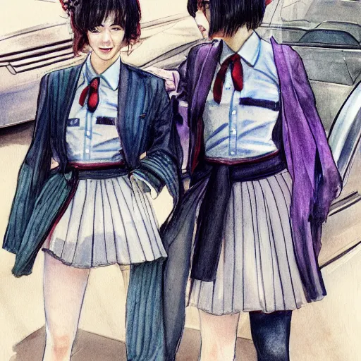 Prompt: a perfect, realistic professional digital sketch of two Japanese schoolgirls posing and 80s car, in style of Marvel, full length, by pen and watercolor, by a professional American senior artist on ArtStation, a high-quality hollywood-style sketch, on high-quality paper