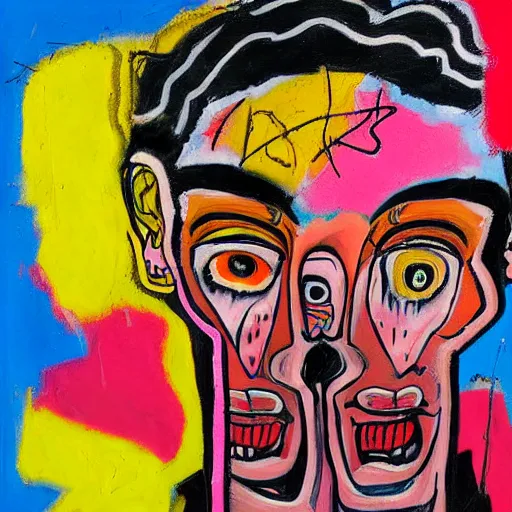 Image similar to pink and yellow and red detailed neo expressionism oil painting of sad boy rapper crying with tattoos by basquiat