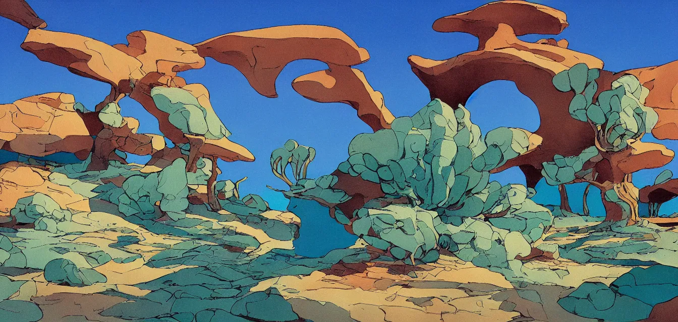 Prompt: animation background painting baja california desert by the sea, a seashell shaped house by eyvind earle and maurice noble