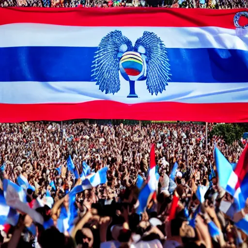 Image similar to Lady Gaga as president, Argentina presidential rally, Argentine flags behind, bokeh, detailed face, Argentina