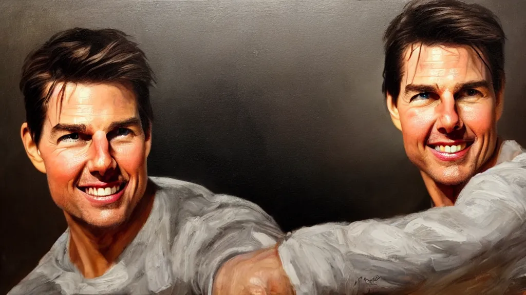 Image similar to The most beautiful studio portrait of Tom Cruise in the world; trending on artstation; oil on canvas; correct face; extraordinary masterpiece!!!!!!; 8k