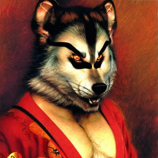 Prompt: a male japanese ninja ratwolfman rat wolf man in a red kimono furry arms furry body. furaffinity furry art detailed face painting by gaston bussiere craig mullins jc leyendecker gustav klimt artgerm greg rutkowski furry