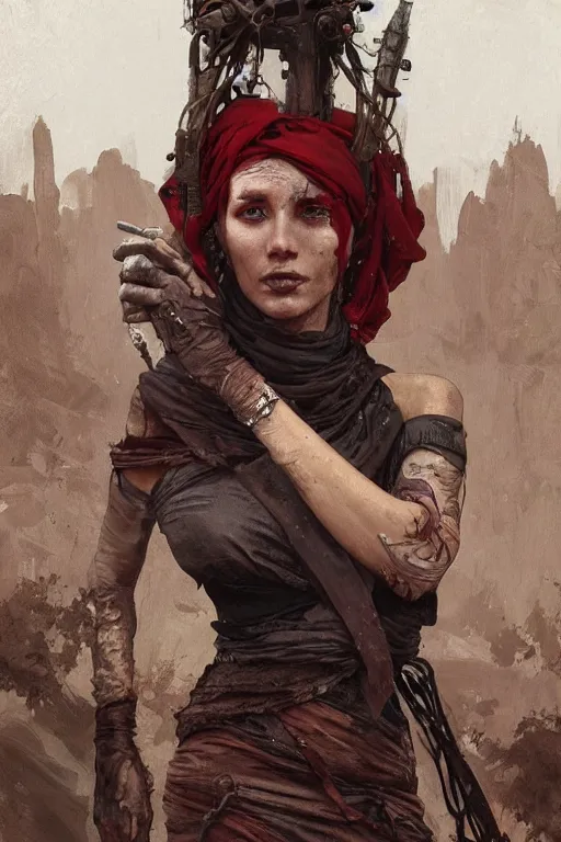 Image similar to a full body portrait of a beautiful post apocalyptic offworld rogues quarter bedouin blind pulp fiction scarlet wild rogue barbarian leper begging by the roadside, intricate, elegant, highly detailed, digital painting, artstation, concept art, smooth, sharp focus, illustration, art by krenz cushart and artem demura and alphonse mucha