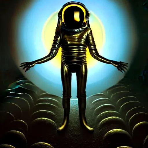 Image similar to full-body dark creepy baroque style oil painting realism a decapitated astronaut with futuristic elements. he welcomes you under with no head, empty helmet inside is occult mystical symbolism headless full-length view. standing on ancient altar eldritch energies lighting forming around disturbing frightening intricate renaissance, digital illustration hyper realism, 8k, depth of field, 3D