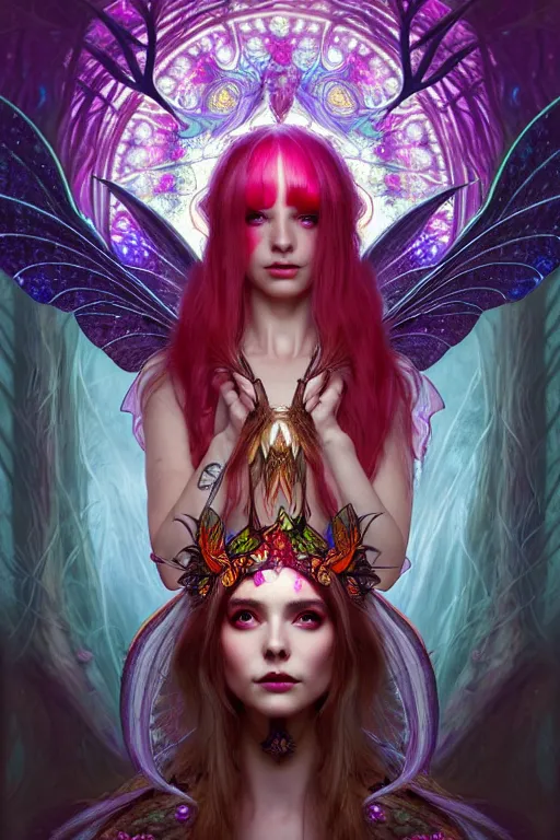 Image similar to stunningly beautiful female faerie priestess in amanita muscaria forest landscape, symmetrical wings on back, symmetrical detailed face, neon hair, fantasy art, dark light night, sharp focus, digital painting, 4 k, concept art, art by wlop, artgerm, greg rutkowski and alphonse mucha