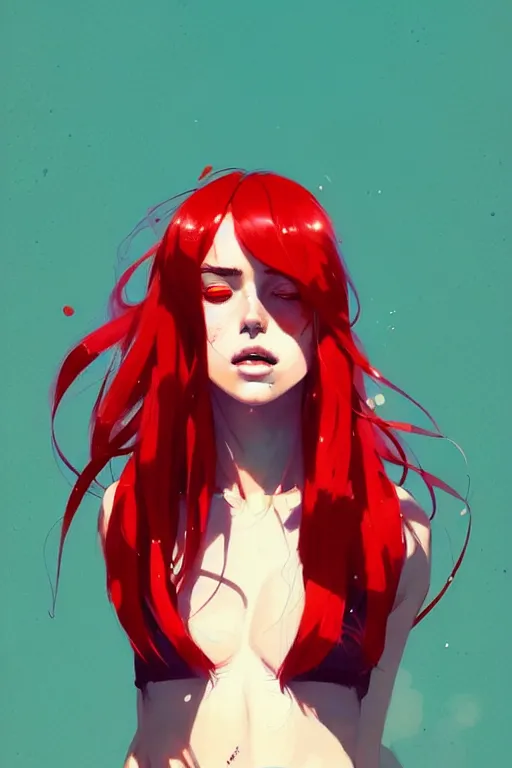 Prompt: a ultradetailed beautiful portrait panting of a stylish woman with red bangs, by conrad roset, greg rutkowski and makoto shinkai, trending on artstation