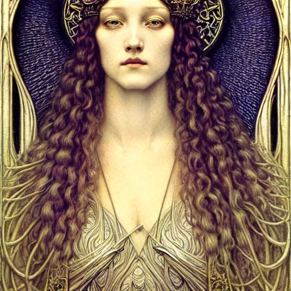 Image similar to detailed realistic beautiful young medieval queen face portrait by jean delville, gustave dore and marco mazzoni, art nouveau, symbolist, visionary, gothic, pre - raphaelite. horizontal symmetry