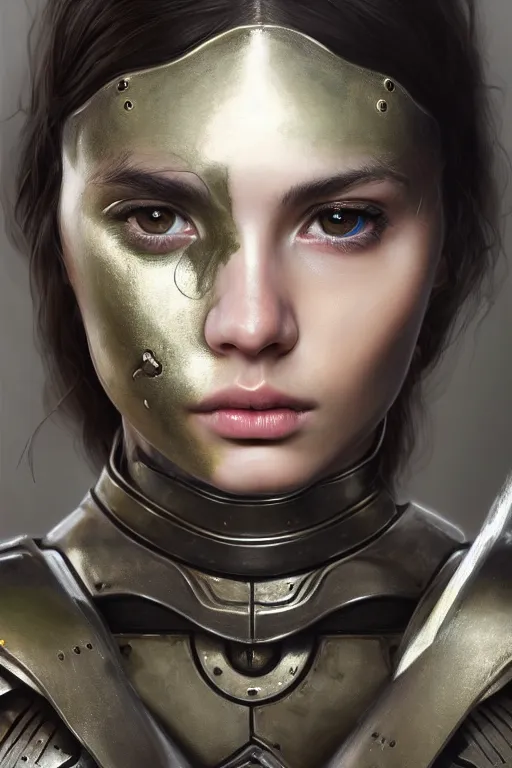 Image similar to a photorealistic painting of an attractive young girl, partially clothed in metal-plated battle armor, olive skin, long dark hair, beautiful bone structure, symmetrical face, perfect eyes, intricate, elegant, digital painting, concept art, illustration, sharp focus, minimal artifacts, from Metal Gear, in the style of Ruan Jia and Mandy Jurgens and Greg Rutkowski, trending on Artstation, award winning