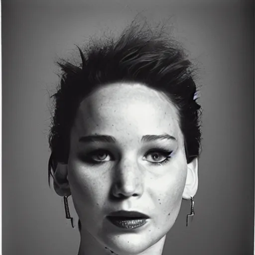 Image similar to Jennifer Lawrence tripping hard. Close-up studio portrait by Robert Mapplethorpe. Tri-x.