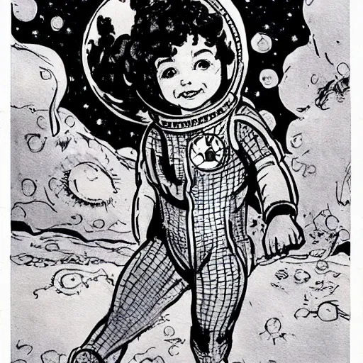 Image similar to a cute little girl with a mischievous face and short brown wavy curly hair. she is dressed as an astronaut. well composed, clean elegant painting, beautiful detailed face. comic book art by steve ditko and jack kirby and ( arthur rackham )