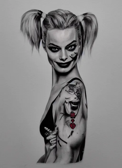 Image similar to tattoo design of margot robbie as harley quinn with a little smile, holding ace card, in the style of den yakovlev, realistic face, beautiful face, black and white, realism tattoo, hyper realistic, highly detailed