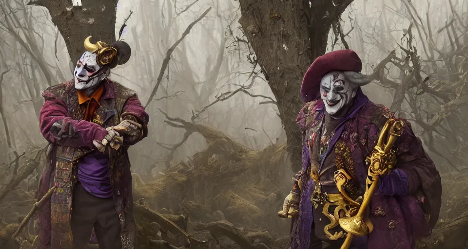 Prompt: robert de niro as medieval joker, crazy colorful clothing with a heavy golden mace in his left hand and a beer jug in his right hand, full body portrait, symmetrical face, intricate details, wandering through a forbidden forest, trending on artstation, 8k hyperrealistic, style of peter mohrbacher, octane render, unreal engine